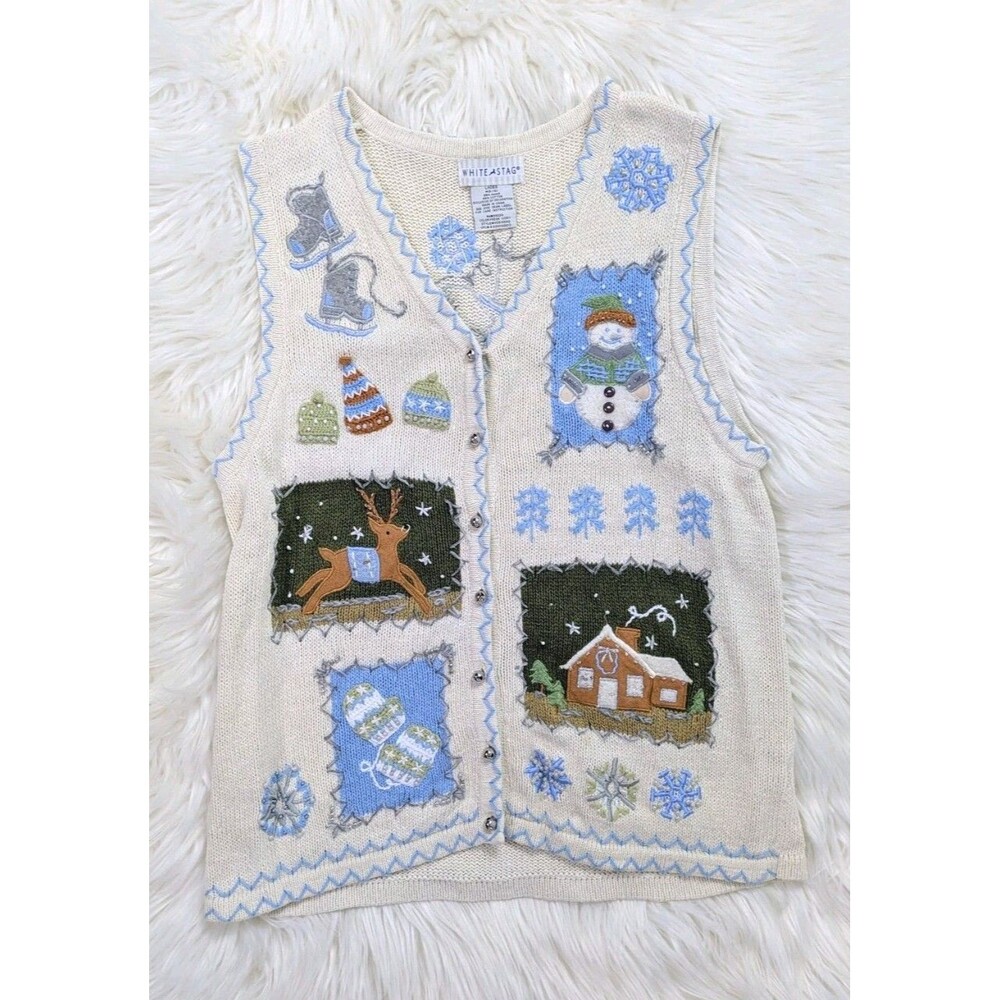 Vintage White Stag Christmas Sweater Vest L Snowman Reindeer Retro Cottagecore